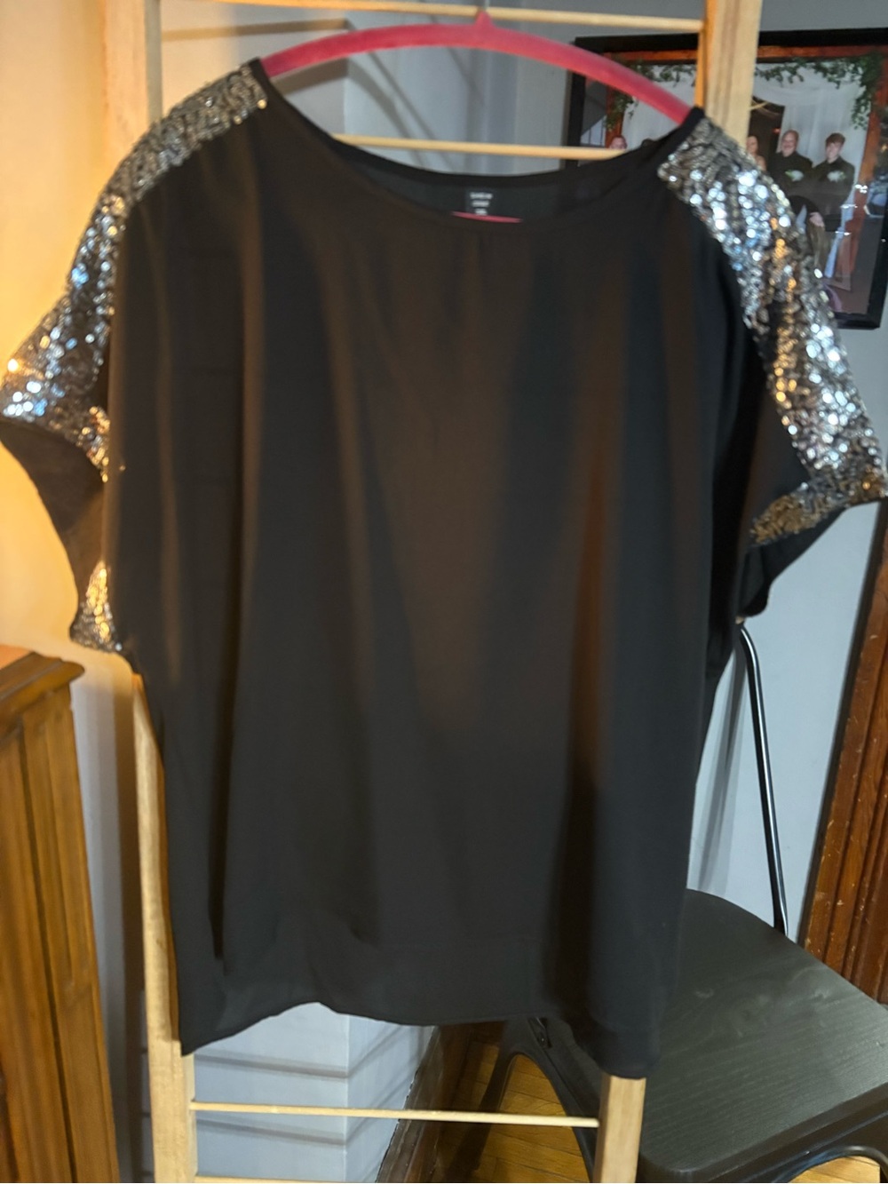 Women's Black Sequin Sleeve Top